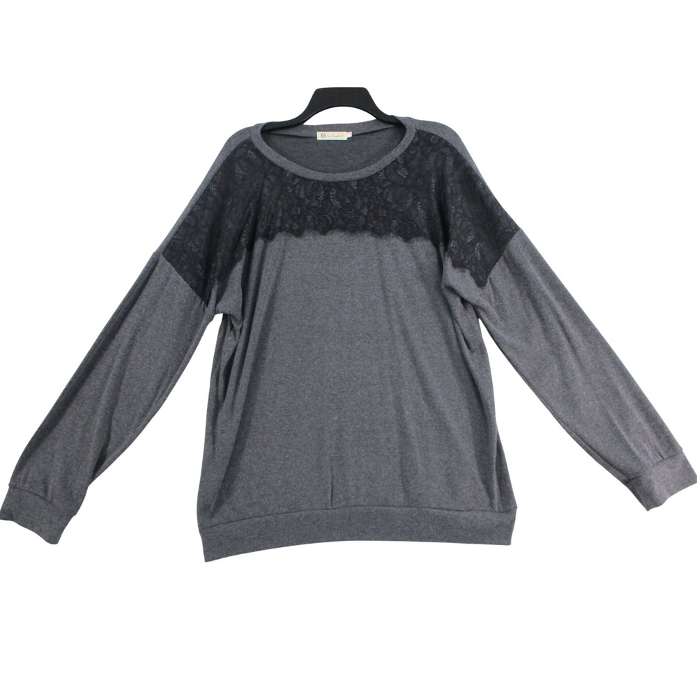 For Gand PL Women 2XL Grey Long Sleeve Lace Yoke Top Crew Neck Cotton Blend